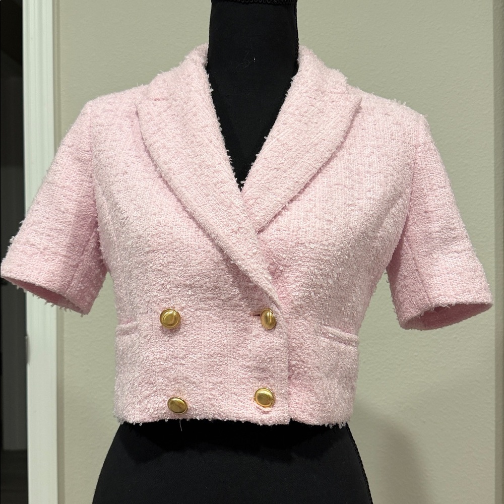 Express Light Pink Cropped Blazer with Gold Buttons